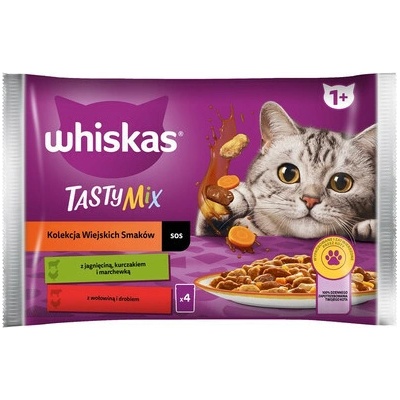 Whiskas pre dospelé mačky 4x Country Flavors Collection krmivo pre mačky v omáčke s kúskami jahňacieho, kuracieho a mrkvy, hovädzieho a hydinového mäsa 85 g