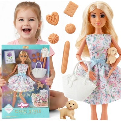 Woopie Royal bábika Lily 30 cm v jarných šatách s piknikovými doplnkami, a psíkom