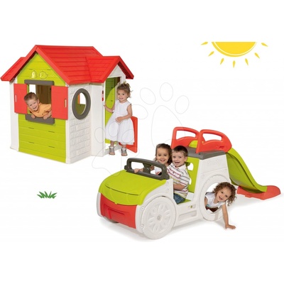 SMOBY 840200-13 preliezačka Adventure Car s pieskoviskom a šmykľavkou + domček Jura Lodge s dvoma dvierkami