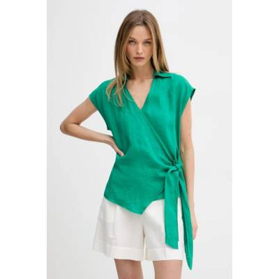 Tommy Hilfiger zavinovacia blúzka dámska ľanová WW0WW49632 zelená