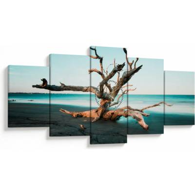 Obraz - Vyplavenie na pláži (s hodinami), päťdielne 150x80 cm s hodinami