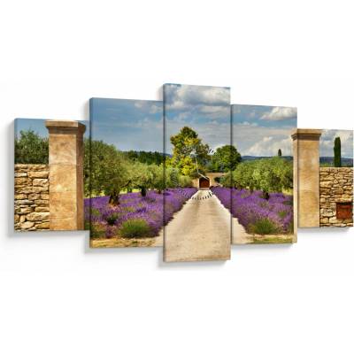 Obraz - Levanduľové cesty (s hodinami), päťdielne 150x80 cm s hodinami