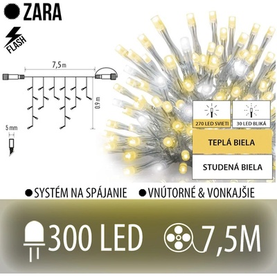 Zara led svetelná záclona vonkajšia flash - 300led - 7,5m teplá biela/flash prebliknutie studená biela - transparentný kábel