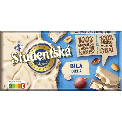 Orion Studentská biela čokoláda so sušeným ovocím a orechmi 170 g