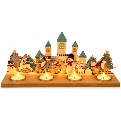 Drevený vianočný svietnik so 4 kalíškami na čajové sviečky – 35 × 9 × 15 cm