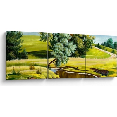 Obraz - Řeka mezi loukami, olejomalba, třídílný 120x40 cm