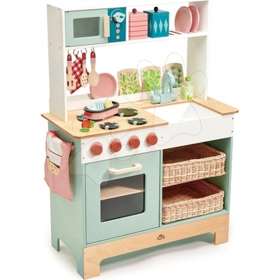 Tender Leaf Toys Dřevěná kuchyňka s bylinkami Kitchen Range s magnetickou rybou mikrovlnka a sporák se zvuky