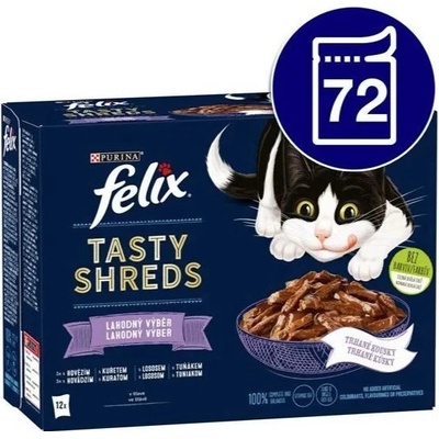Felix Tasty Shreds kapsičky hovězí,kuře,losos,tuňák 72 x 80 g