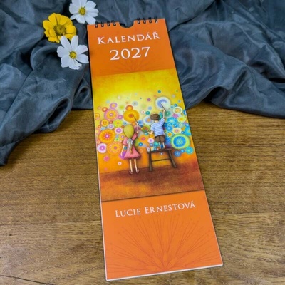 Duhová kočka kravata Originální ilustrovaný úzký nástěnný na rok s ilustracemi od Lucie Ernestové On a ona partnerské karty, Inspirační karty Cesta životem a Inspirační 2027 2027