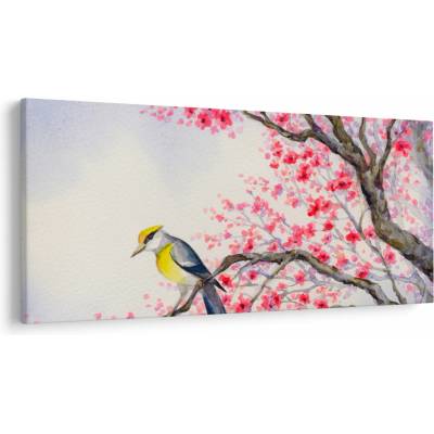 Obraz - Vtáčik na strome s červenými kvetmi, jednodielne 200x100 cm