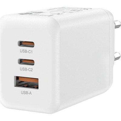 SOLIGHT Prémiový rýchlonabíjací adaptér 2x USB-C + USB-A 65W PD, s technológiou GaN, biely