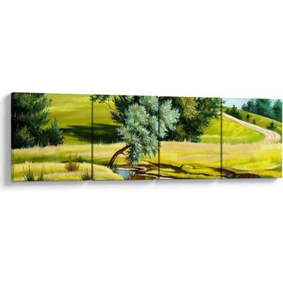 Obraz - Řeka mezi loukami, olejomalba, Čtyřdílný 160x40 cm