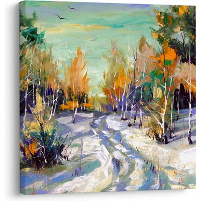 Obraz - Zasněžená cesta lesem, olejomalba, jednodílný 50x50 cm