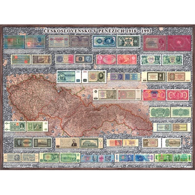 Peněžní nástěnná mapa Československa 1918 - 1992, 160 x 120 cm, lamino + černý hliníkový rám