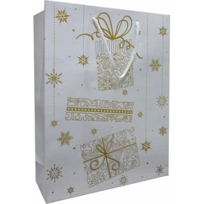 Darčeková taška Ditipo papierová 12 x 8 x 20 cm bielo-zlatá vianočný stromček
