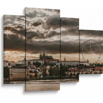 Obraz - zamračená Praha (s hodinami), Čtyřdílný 110x75 cm s hodinami