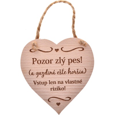 Drevená tabuľka srdce - Pozor zlý pes !