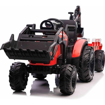 Beneo Elektrický traktor TOP-WORKER 12V s naberačkami a prívesom Jednomiestne mäkké PU sedadlo MP3 Prehrávač s USB vstupom Zadný pohon 2 x 45W Motor EVA kolesá 12V/10Ah batéria červená
