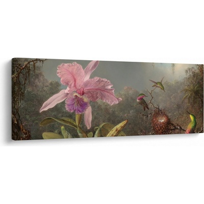 Obraz - Martin Johnson Heade, Cattleya Orchid and Three Hummingbirds, reprodukcia, jednodielne 145x58 cm