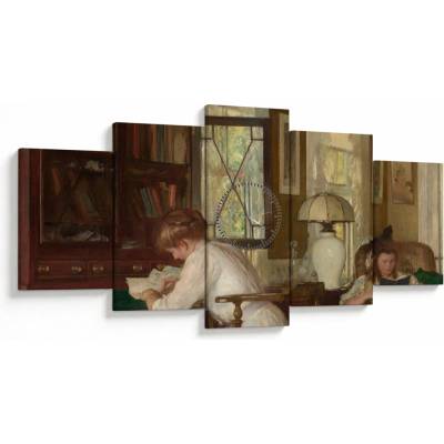 Obraz - Edmund Tarbell, Josephine and Mercie, reprodukcia (s hodinami), päťdielne 150x80 cm s hodinami