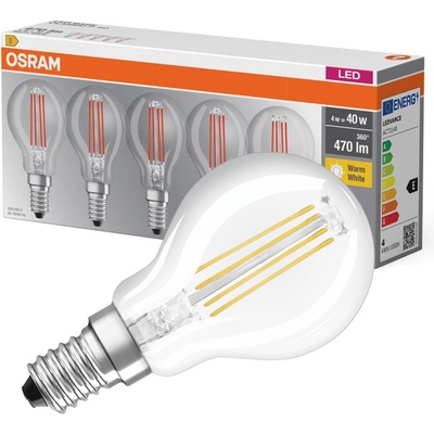 OSRAM 4058075090668 LED 2021 E A - G E14 kvapkový tvar 4 W = 40 W teplá biela 45 mm x 84 mm vlákno 5 ks; 4058075090668