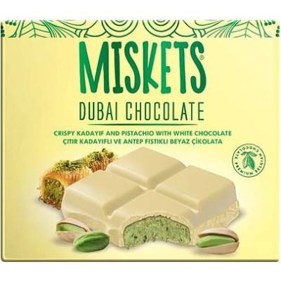 Miskets Dubajská bílá čokoláda s pistáciovou náplní s těstovými nudlemi kadayif 100 g