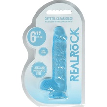 RealRock Crystal Clear 6″ modré dildo s prísavkou a semenníkmi 17 x 3,1 cm
