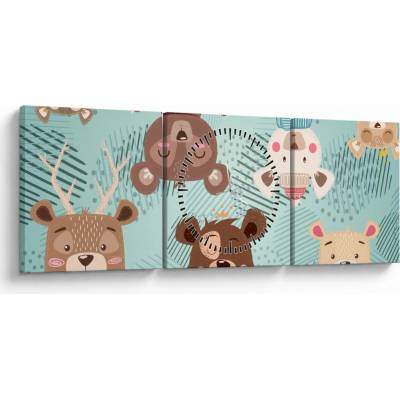 Obraz - Veselí medvedíci (s hodinami), trojdielne 90x30 cm s hodinami