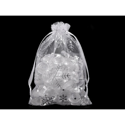 Vánoční dárkový pytlík vločky 10x15 cm organza, malé, bílá stříbrná