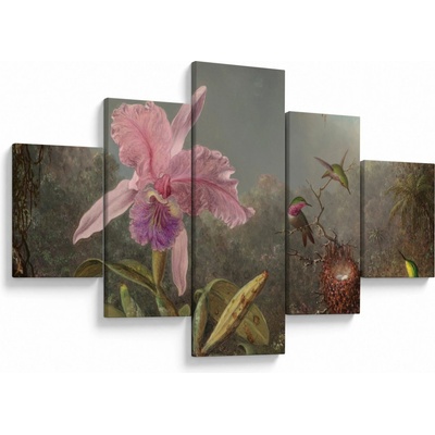 Obraz - Martin Johnson Heade, Cattleya Orchid and Three Hummingbirds, reprodukcia, päťdielne 125x70 cm