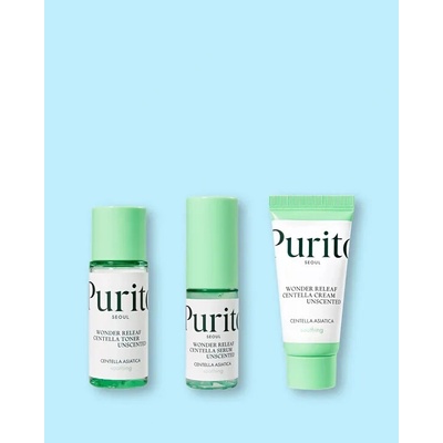 Purito Wonder Releaf zklidňující pleťové tonikum pro citlivou pleť 30 ml + regenerační pleťové sérum 15 ml + regenerační krém pro zklidnění pleti 12 ml – Hledejceny.cz