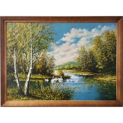 Bondecor Obraz "Labutě - v dřevěném frézovaném rámu, 70x50cm