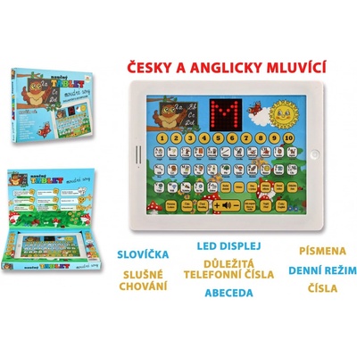 Naučný tablet moudré sovy dvojjazyčný CZ+AJ plast 24x19x2cm na baterie se zvukem v krabici 32x23x3cm