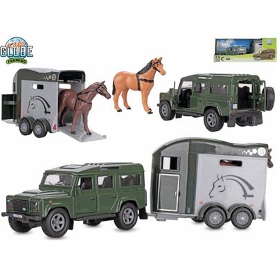 Mikro trading Kids Globe Farming Land Rover s přívěsem pro koně 26 cm zpětný chod