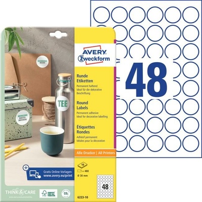 Etikety univerzálne kruhové 30mm Avery A4 10 hárkov