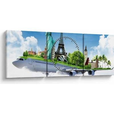 Obraz - Cesta okolo sveta (s hodinami), trojdielne 90x30 cm s hodinami