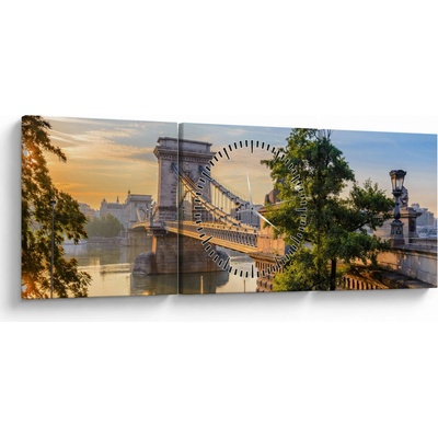 Obraz - Most cez rieku, Budapešť, Maďarsko (s hodinami), trojdielne 90x30 cm s hodinami
