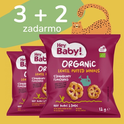 Hey Baby Chrumky z červenej šošovice s príchuťou jahody a cvikly, BIO 12g