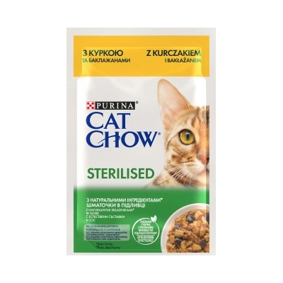 Purina Cat Chow CAT CHOW Sterilizované krmivo pre mačky s kuracím mäsom a baklažánom v omáčke 85 g
