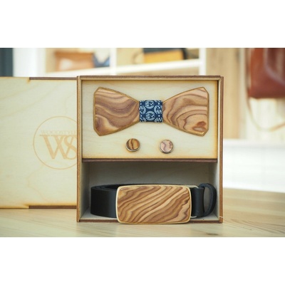 Wood Style Set Hranatý WS Modrotisk opasek motýlek a manžetové knoflíčky Černá Kořenice