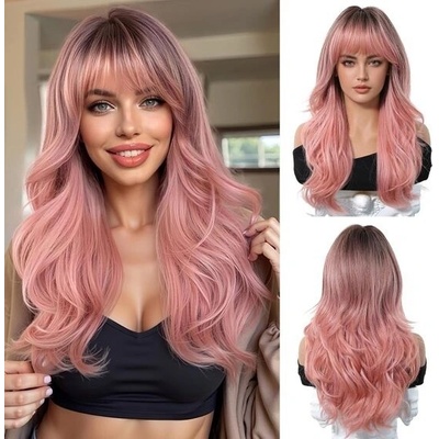 Oufei Dlouhá ombré paruka s ofinou růžová