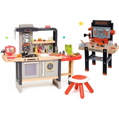 Smoby Set reštaurácia s elektronickou kuchynkou Chef Corner Restaurant s pracovnou dielňou Black&Decker s 95 doplnkami a autíčkom