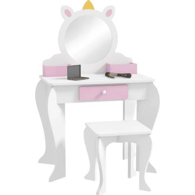 ZONEKIZ dětský toaletní stolek se stoličkou a zrcadlem, toaletní stolek pro dívky se zásuvkou a přihrádkami, design jednorožce, bílý