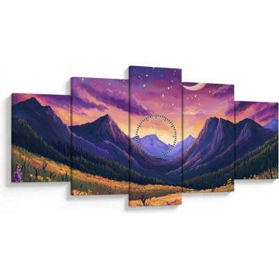 Obraz - Fialová krajina (s hodinami), päťdielne 150x80 cm s hodinami