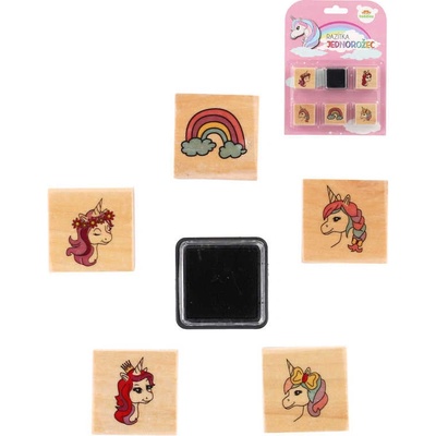 Teddies Razítka dřevěná 5 1 s poduškou jednorožci 3x3cm na kartě