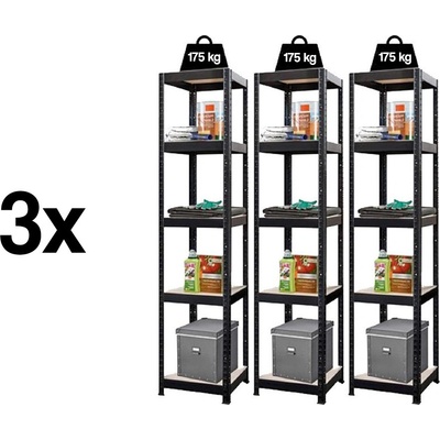 FISTAR AKCE - Balíček : 3x Regál 1800x400x400 mm lakovaný 5-policový, nosnost 875 kg - ČERNÝ