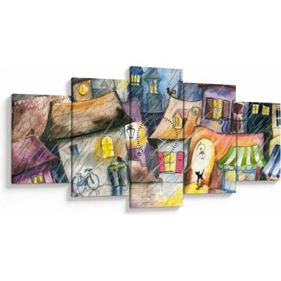 Obraz - Daždivý večer (s hodinami), päťdielne 150x80 cm s hodinami