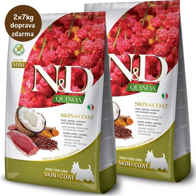 N&D Quinoa Dog Adult Mini Grain Free Skin & Coat Duck Coconut & Turmeric 2 x 7 kg