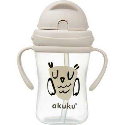 Akuku Lahvička/hrneček s úchyty a brčkem Sova 300 ml béžová