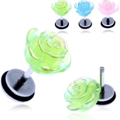 Šperky eshop fake piercing do ucha z oceli barevná duhová růže PC32.23 zelená